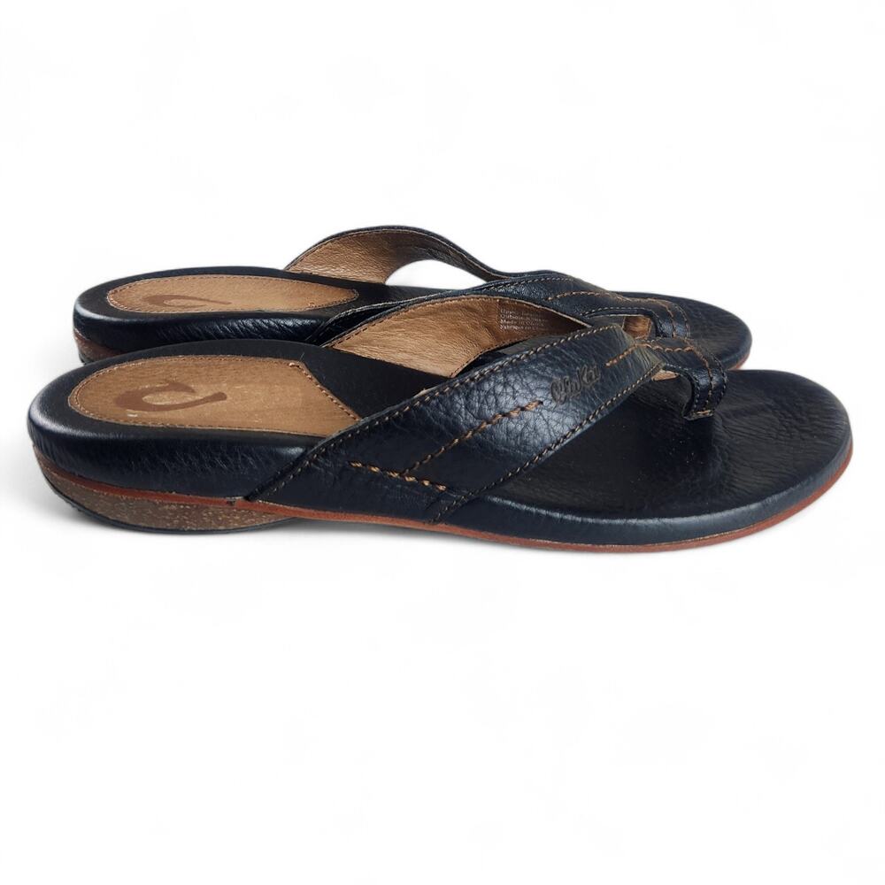 OluKai Black Leather Toe Loop Slide Sandals Women’s 10W Wide Comfort Y2K Flip